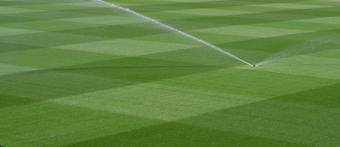 Green pitch with a water sprinkler